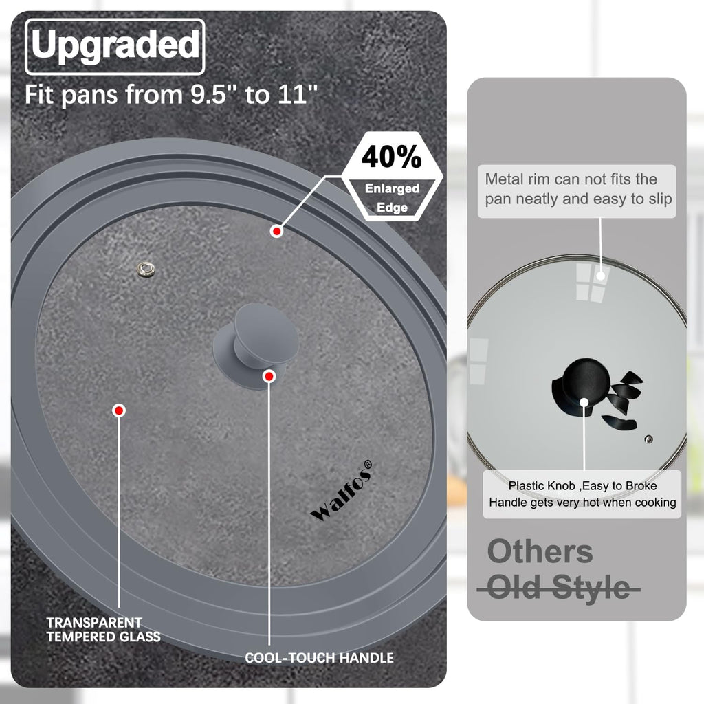 Universal Lid for Pots, Pans and Skillets - Walfos Tempered Glass Pan Lid with Heat Resistant Silicone Rim, BPA Free Large Pot Lids Fits 9.5", 10" and 11" Diameter Cookware, Dishwasher-Safe, Grey