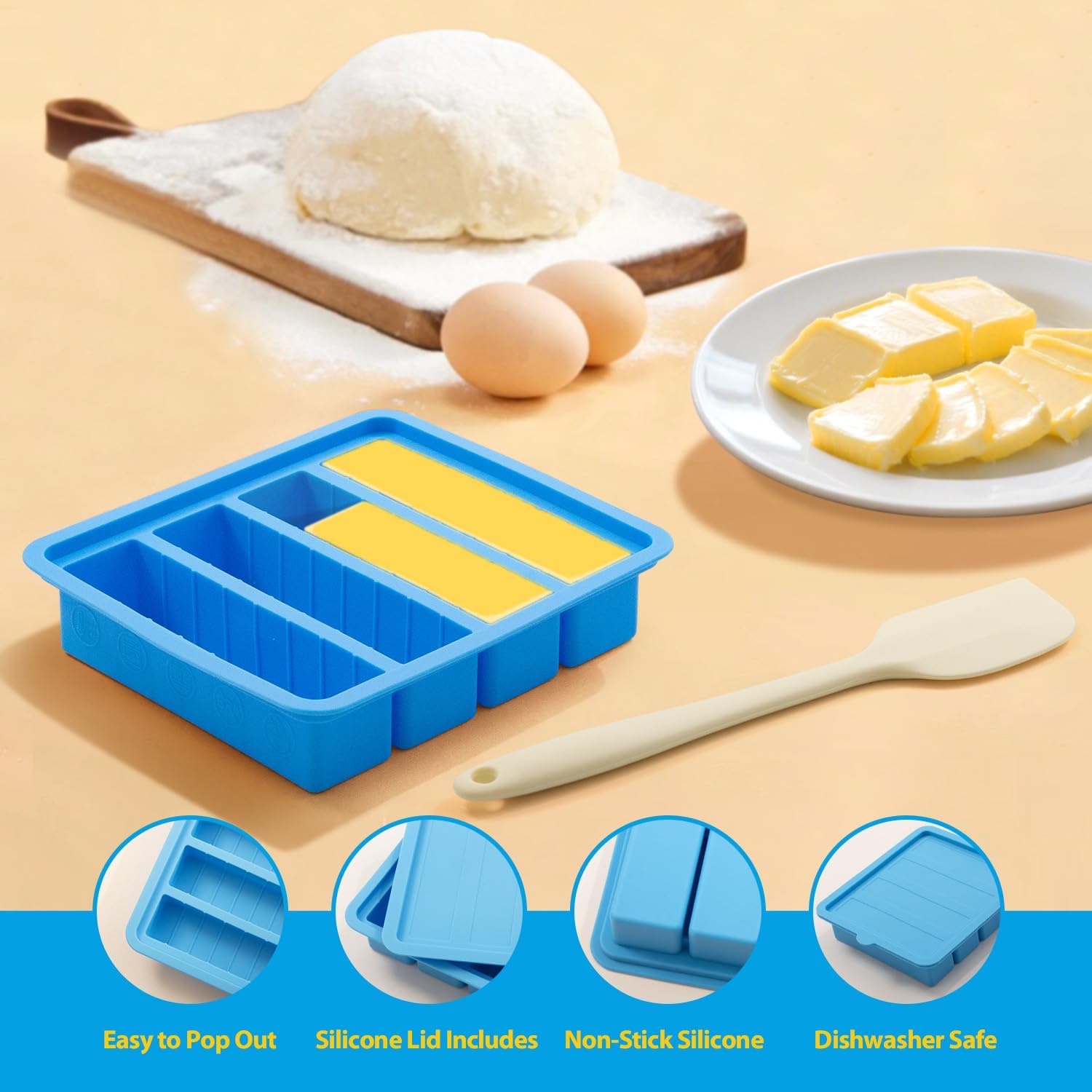 2PCS Silicone Butter Mold with Lid & Spatula, Non-Stick Butter Maker Tray and Container for Homemade Butter Storage, Baking, Freezing