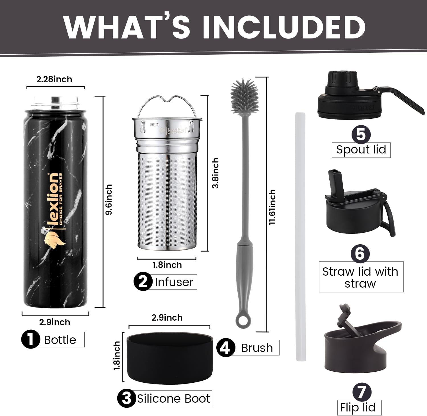 lexlion Tea Infuser Bottle - Fruit Infuser Water Bottles 22 Oz, Triple Walled Insulated Stainless Steel Bottle, Thermal Leaf Infuser, Silicone Sleeve, 3 Lids Leakproof, Metal Mug Gallon
