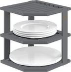 Cabinet Organizer Shelf - Bamboo Corner Rack for Kitchen Counter, Cabinet Space Saver for Plates, Dishes, Bowls, Bread Pantry, Bathroom Storage or Countertop Stand, Grey