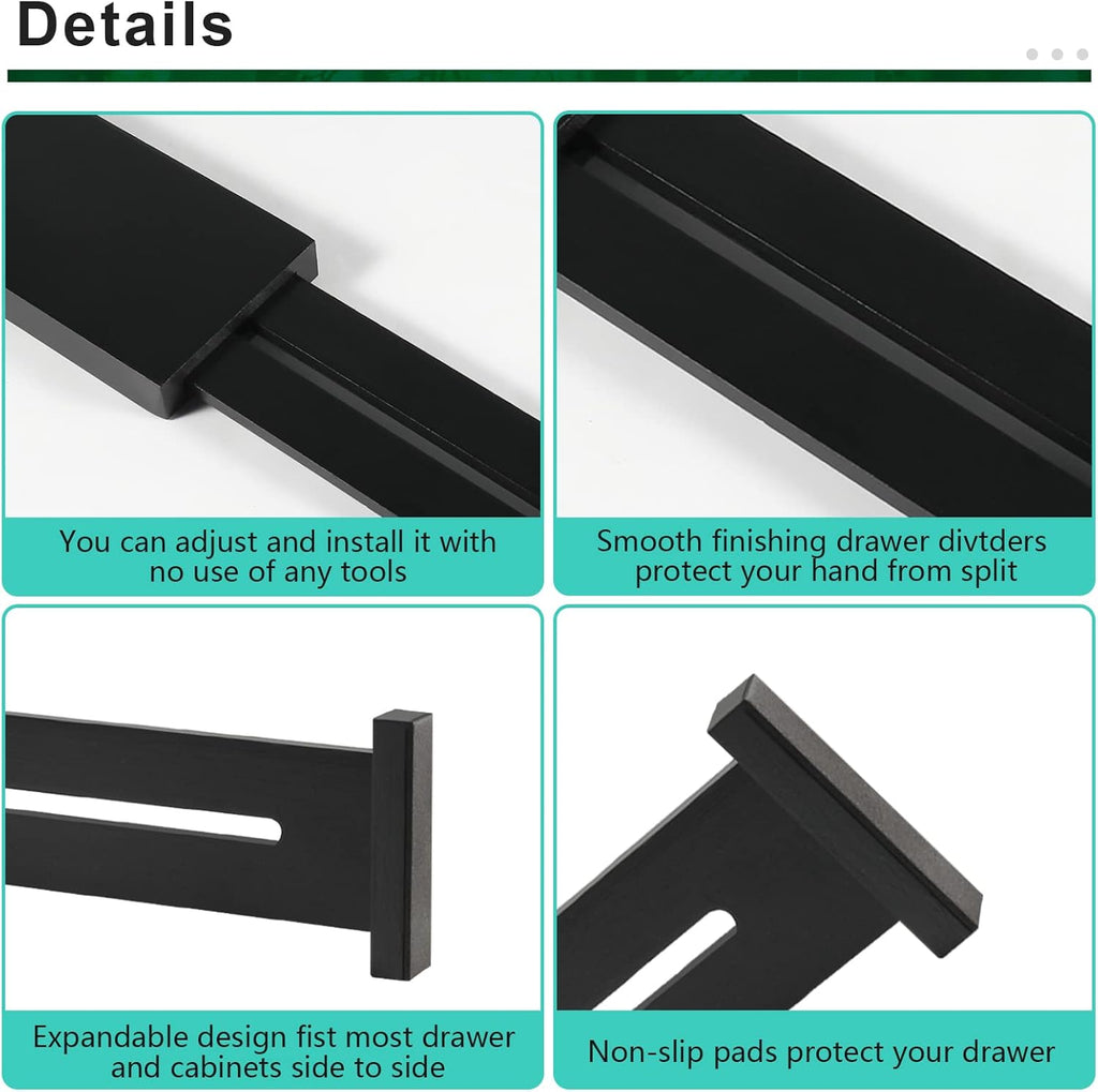 FJO 4 Pack Adjustable Bamboo Drawer Dividers - 12.5" - 21.7" Expandable Drawer Separators for Kitchen, Utensils, Clothes, Bedroom, Dresser, Bathroom (Black)