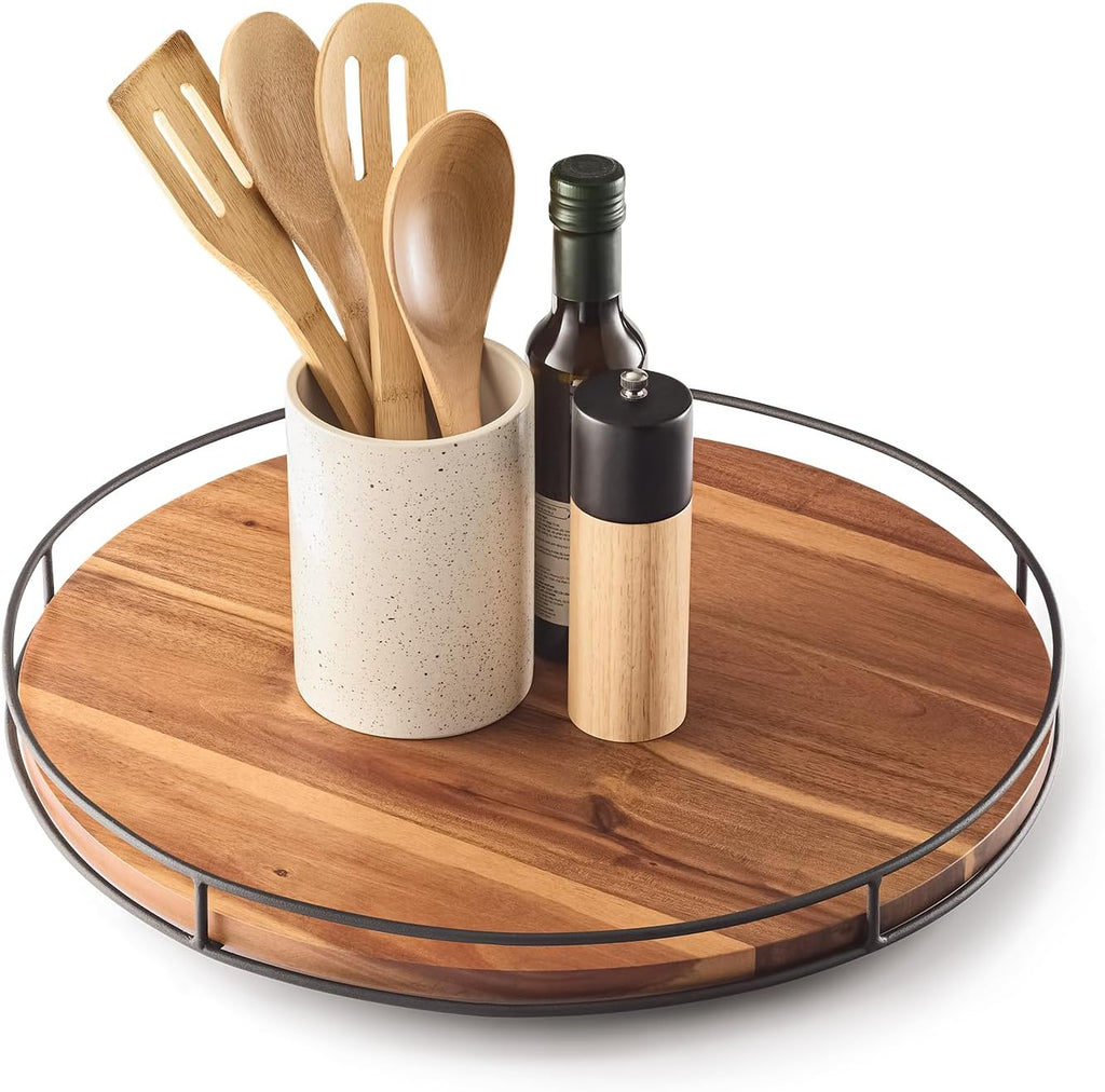 18" Acacia Wood Lazy Susan Turntable with Metal Frame - Large Brown Lazy Susans Organizer Countertop Storage - Wooden Serving Tray for Charcuterie Cheese Board - Kitchen Counter Rotating
