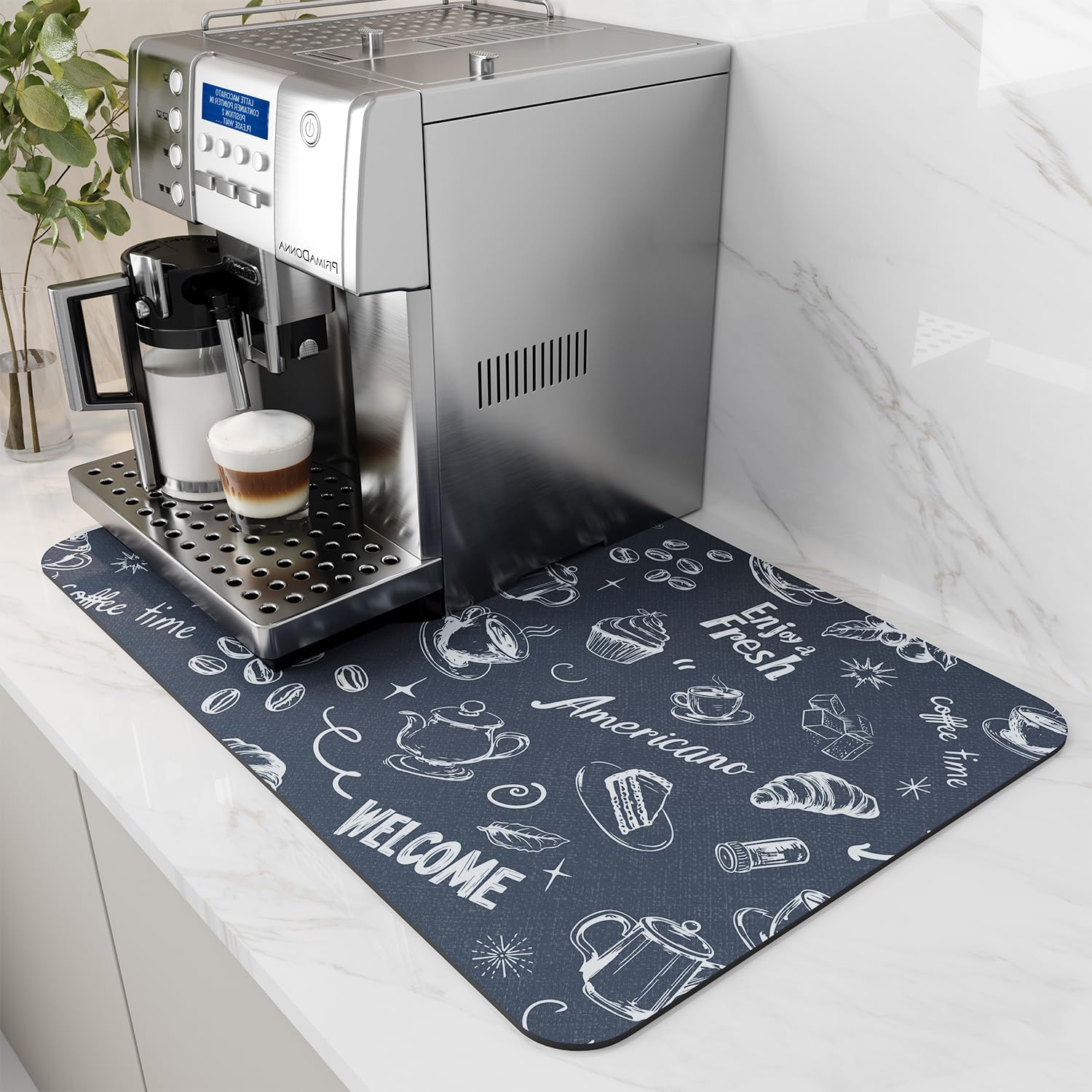 AMOAMI Coffee Mat Hide Stain Rubber Backed Absorbent Dish Drying Mat for Kitchen Counter - Fits Under Coffee Maker & Espresso Machine (12x19,DUST BLUE)