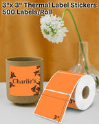 iEager Orange Square Thermal Label Stickers, 3" x 3" Self-Adhesive Square Direct Thermal Labels with Perforation Line, 500 Sheets/Roll