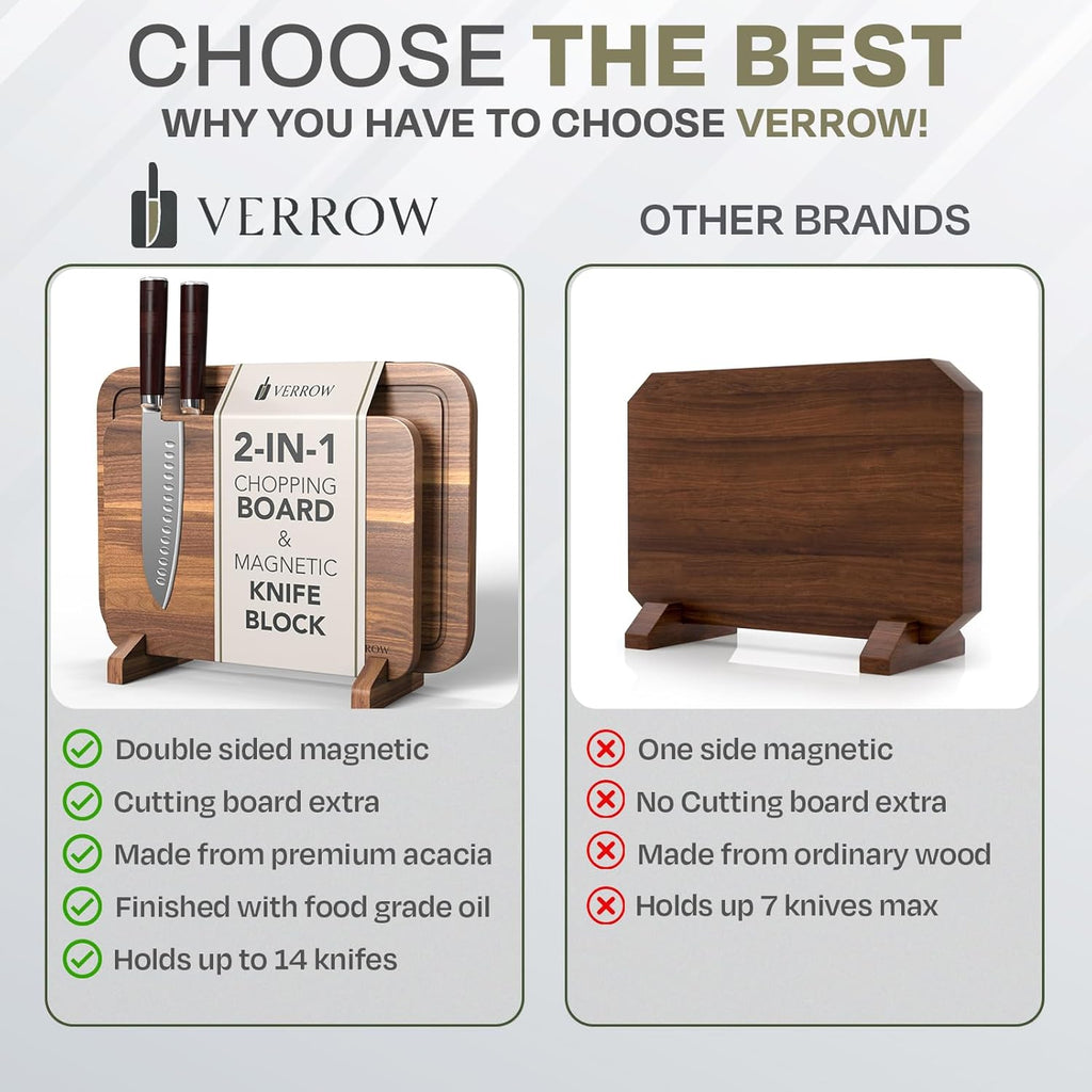 Magnetic Knife Block with Acacia Wood Cutting Board - Large 15.5x10.5x0.75In Magnetic Knife Block Set with Chopping Board Knife Holder Charcuterie Display Storage Organizer for Kitchen Counter