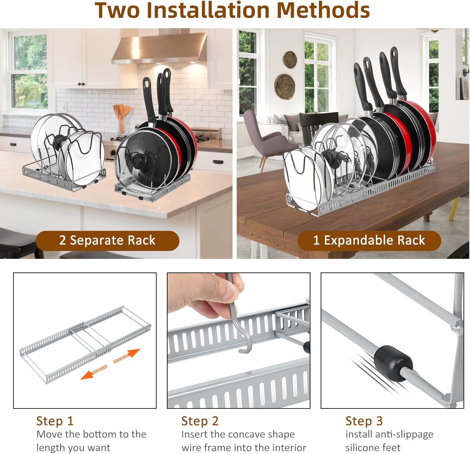 Expandable Pot & Pan Organizer - Grey Cabinet Rack with 10 Adjustable Compartments for Cookware, Baking & Frying Pans