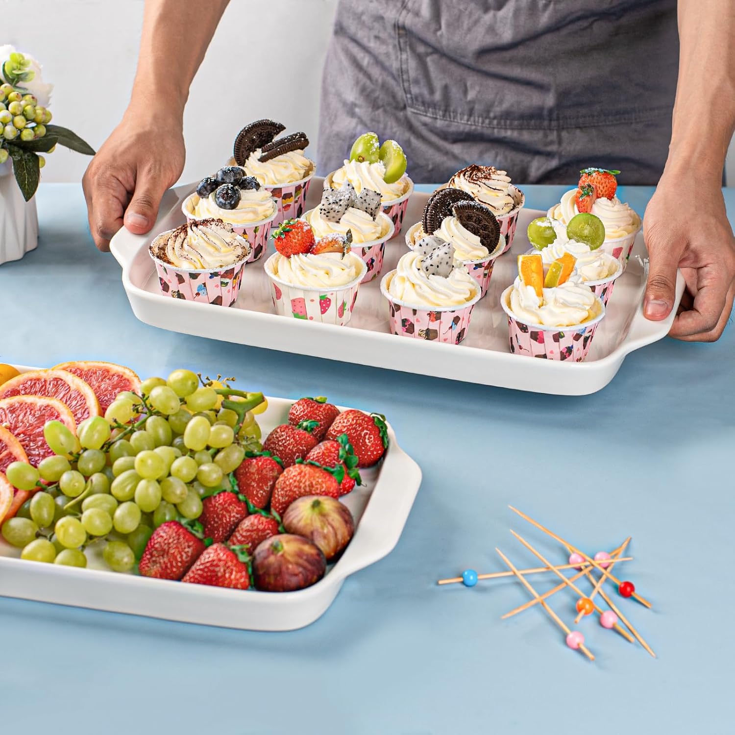 Dizada Large Serving Platter with Handles, 16" x 9" Porcelain Serving Tray, White Rectangular Platters for Entertaining & Serving Food, Serving Trays for Party, Appetizer, Charcuterie - Set of 3