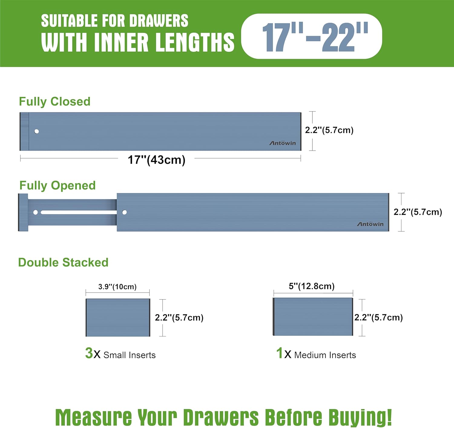 ANTOWIN Bamboo Drawer Dividers, Expandable Drawer Separators Splitter,17-22 inches Long Adjustable Spring-loaded Organizer for Large Utensil, Clothes, Tools Drawers (Blue)