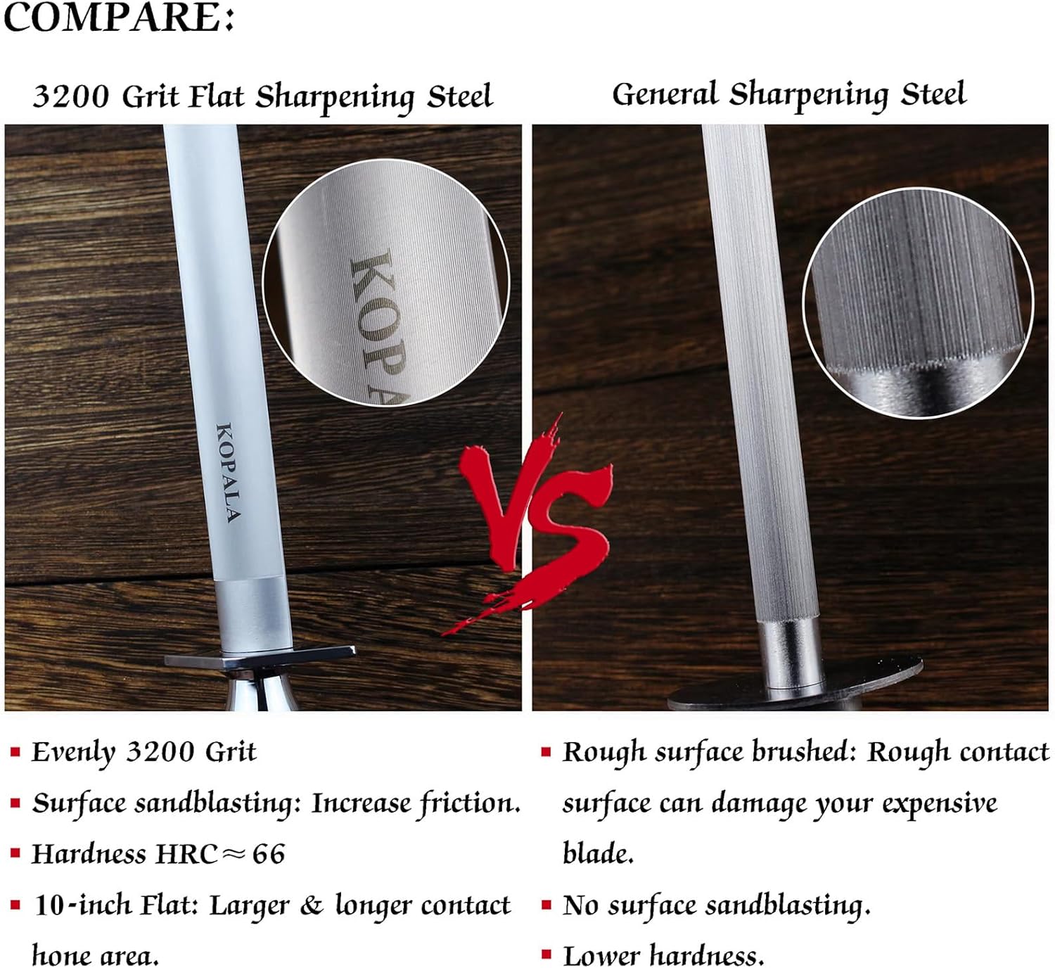 Sharpening Steel Knife Sharpener Rod Flat 10 Inches Honing Steel for Knives Dark