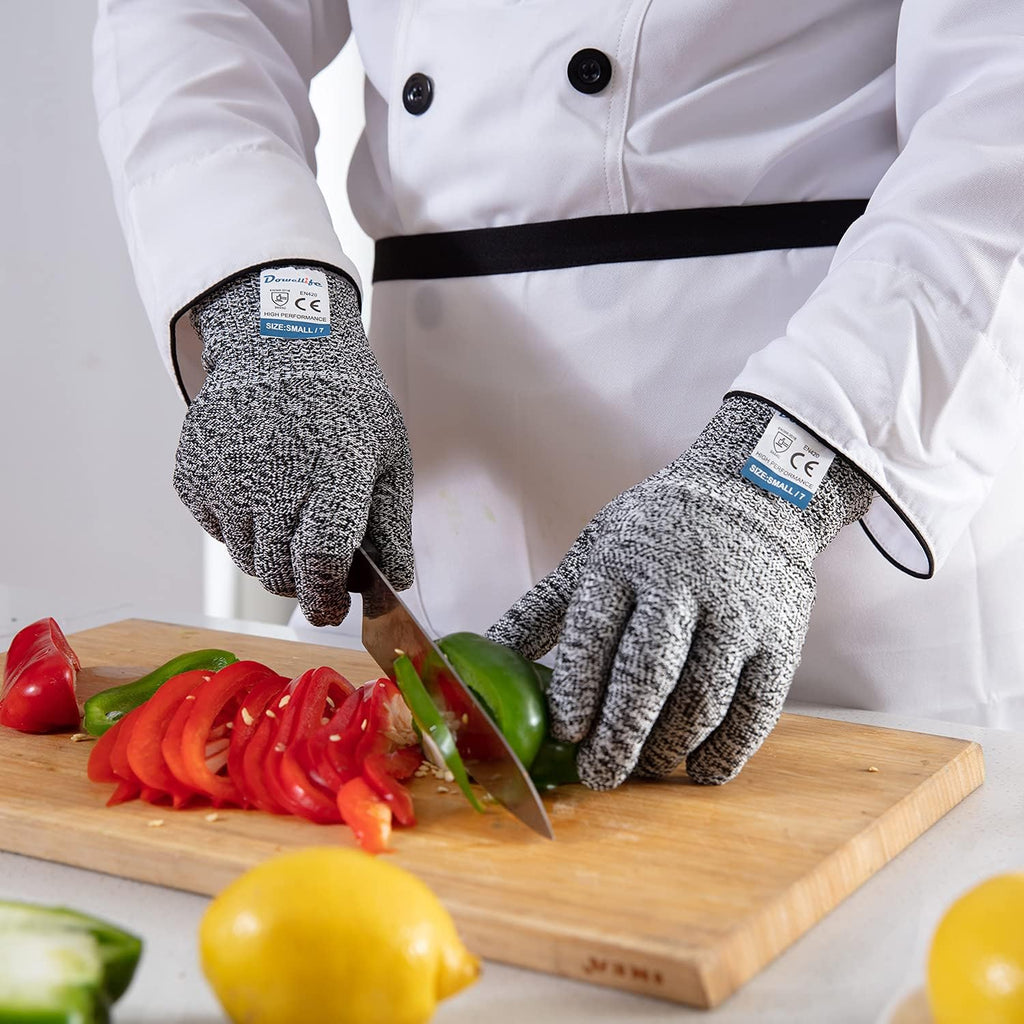 Dowellife 3 Pairs Cut Resistant Gloves Food Grade Level 5 Protection, Safety Kitchen Cuts Gloves for Mandolin Slicing, Fish Fillet, Oyster Shucking, Meat Cutting and Wood Carving (Black Gray, X-Large)