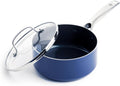 Blue Diamond Nonstick 2QT Saucepan with Lid, Non Toxic PFAS-Free Diamond Ceramic, Dishwasher & Oven Safe, Metal Utensil Safe Pot, Stay Cool Handle, Chef Pan, Glass Lid, Blue