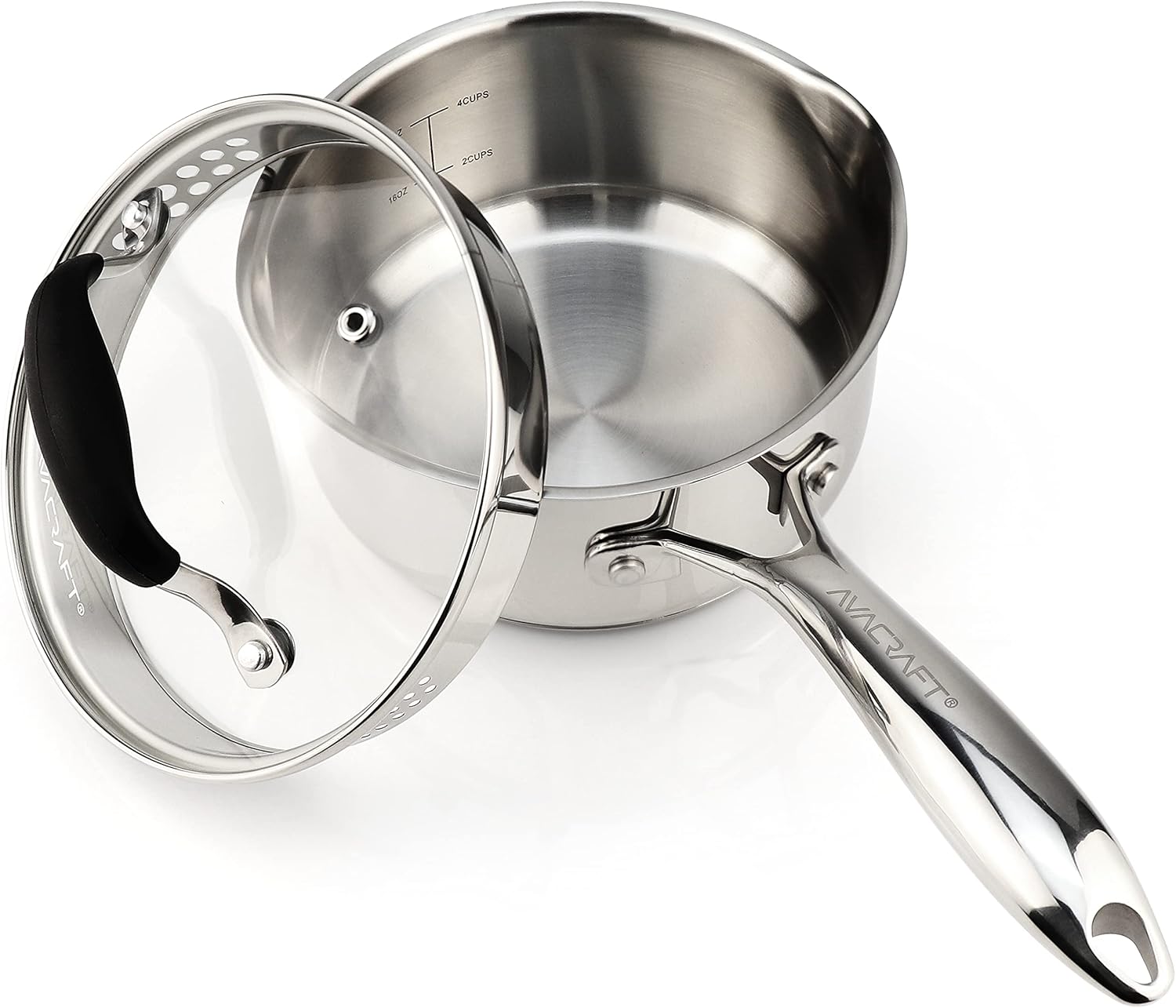 AVACRAFT Multipurpose Sauce Pan/Pot, Stainless Steel with Glass Strainer Lid, Two Side Spouts for Easy Pour with Ergonomic Handle (5-Ply Capsule Bottom, 1.5 Quart)