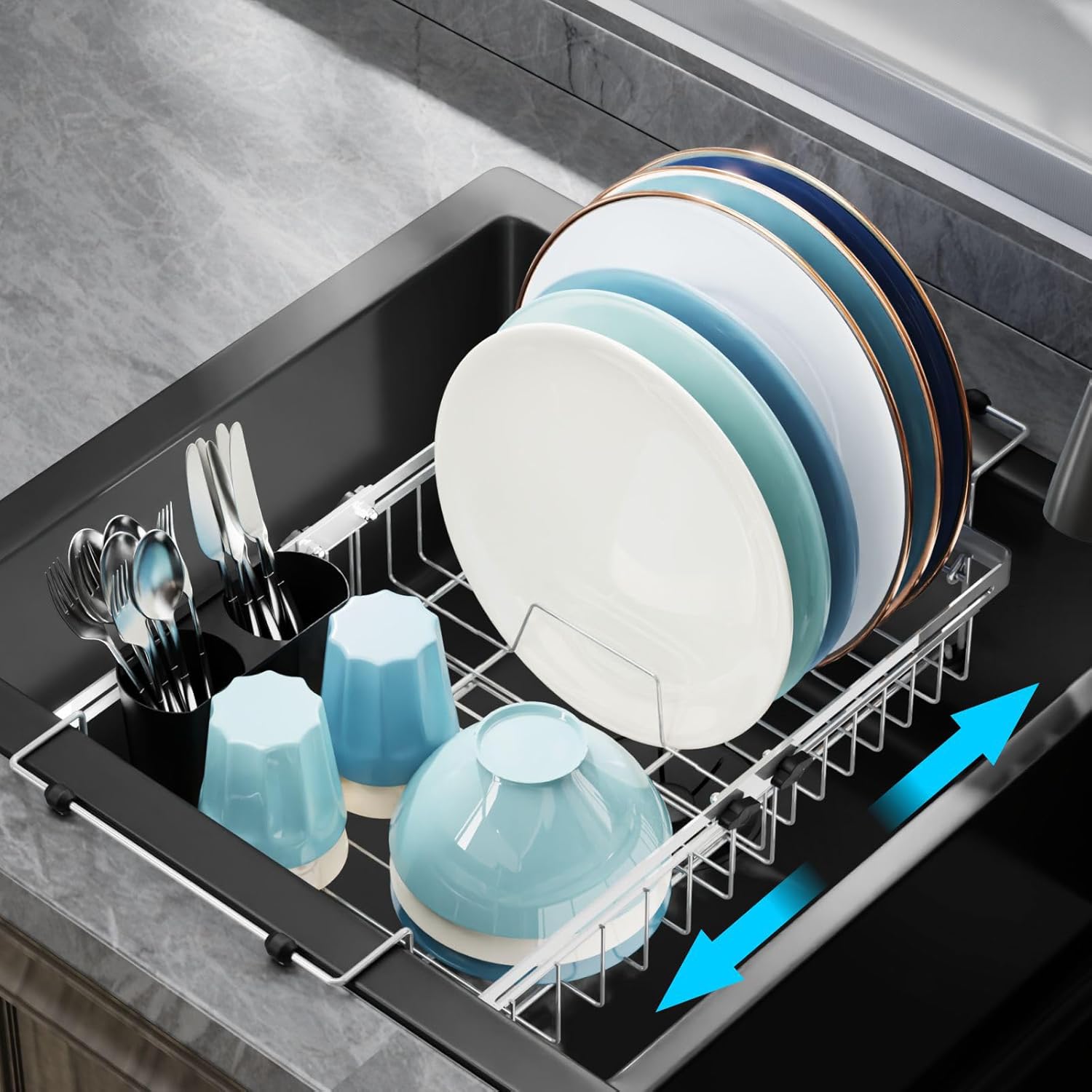 GSlife in Sink Dish Drying Rack - Stainless Steel Capacity Expandable Over The Sink Dish Drainer with Lock Knob and Utensil Holder for Kitchen Sink, 10.8"-17.9" L x 12.8" W, Silver