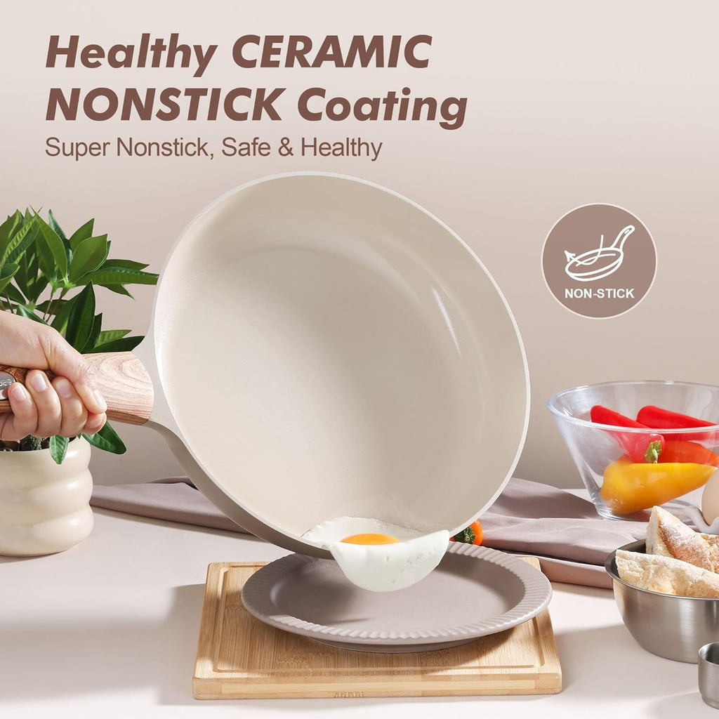 SENSARTE Ceramic Nonstick Frying Pan Skillet 9.5Inch Non Stick Omelette Pans, Non-toxic Healthy Kitchen Cooking Chef's Pan, Free of Intentionally Added PFOA/PFAS/PTFE, Induction Compatible, Taupe