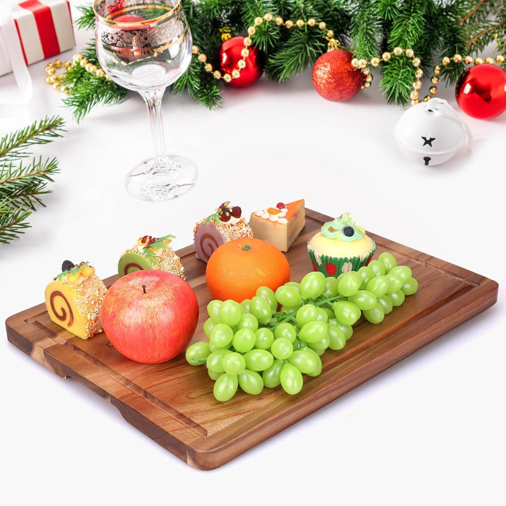 Acacia Wood Cutting Boards for Kitchen, Wooden Chopping Board with Side Handle and Juice Groove, 15" X 11" Carving Board, Butcher Block, Cheese Charcuterie Boards for Meat, Fruit, Steak