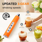 YUSWKO Fluorescence Orange Handheld Milk Frother Wand for Coffee, Rechargeable Electric Whisk with 3 Heads 3 Speeds Drink Mixer Coffee Frother For Latte, Cappuccino, Hot Chocolate, Egg