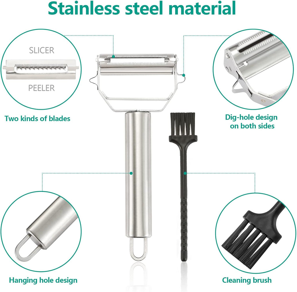 Stainless Steel Peeler Julienne Cutter Slicer for Carrot Potato Melon Vegetable and Fruit with Cleaning Brush