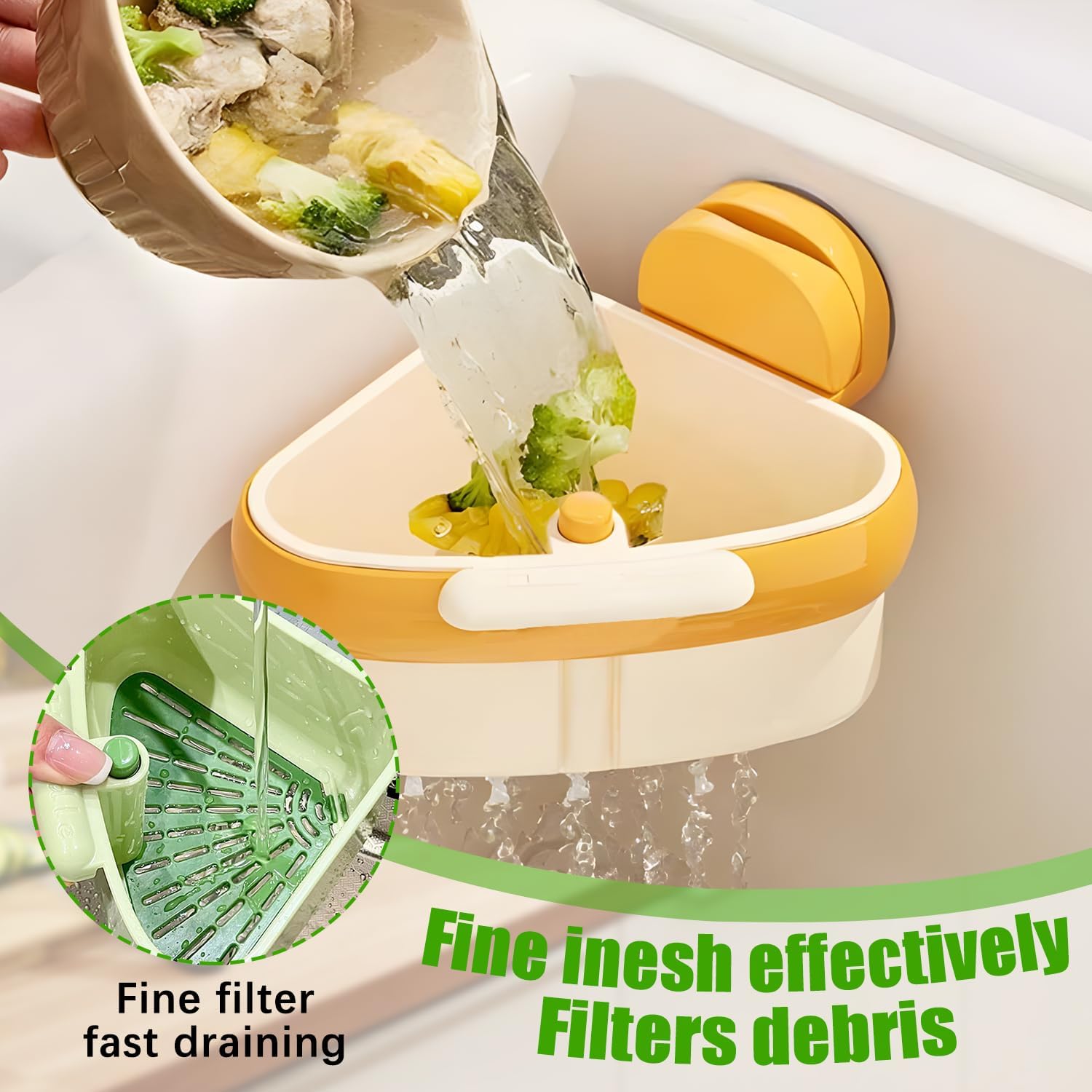 Sink Strainer Basket,2025 New Upgraded Suction Cup Press Sink Drainer Basket,Suction Cup Corner Rack,Corner Trash Catcher for Food Waste,Faucet Sponge Storage Rack (Green)