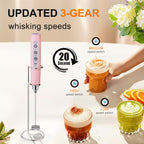 YUSWKO Pink Handheld Milk Frother Wand with Stand for Coffee, Rechargeable Electric Whisk with 3 Heads 3 Speeds Drink Mixer Coffee Frother For Latte, Cappuccino, Hot Chocolate, Egg