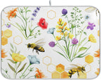 Wildflowers and Bees Dish Drying Mat for Kitchen Counter Absorbent Microfiber Drying Pad, Medium 16x18 in, Reversible Drainer Mats