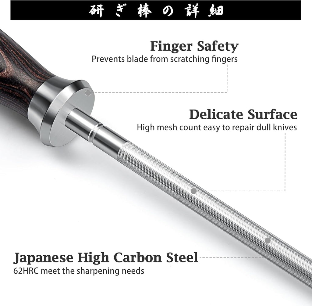HOSHANHO Honing Rod,10 Inch Professional Kitchen Knife Sharpener Rod, Japanese High Carbon Knife Sharpening Steel with Ergonomic Pakkawood Handle, Ideal for All Chef Knives