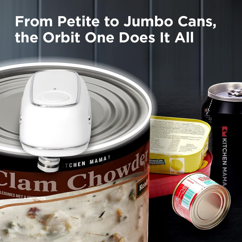 Kitchen Mama Orbit One Rechargeable Electric Can Opener: Hands-free, USB-C Charging, Automatic Stop, Smooth Edge, Safety, Blade for Large Cans, Heavy Duty, Soda and Pop Can, with Storage Box (White)