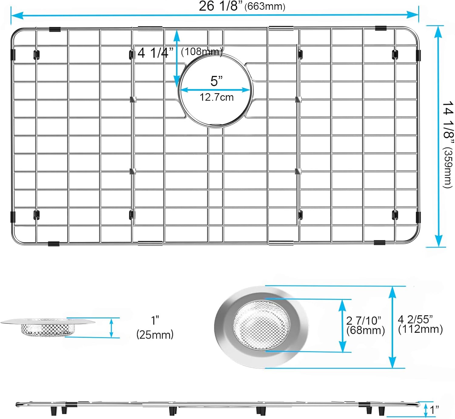 iPEGTOP Sink Bottom Grid, 3-Piece Stainless Steel Sink Protector 26-1/8" x 14-1/8" Rear Drain Hole, Sink Grate Sink Rack for Bottom of Kitchen Sink Single Sink Bowl with Sink Hole Cover