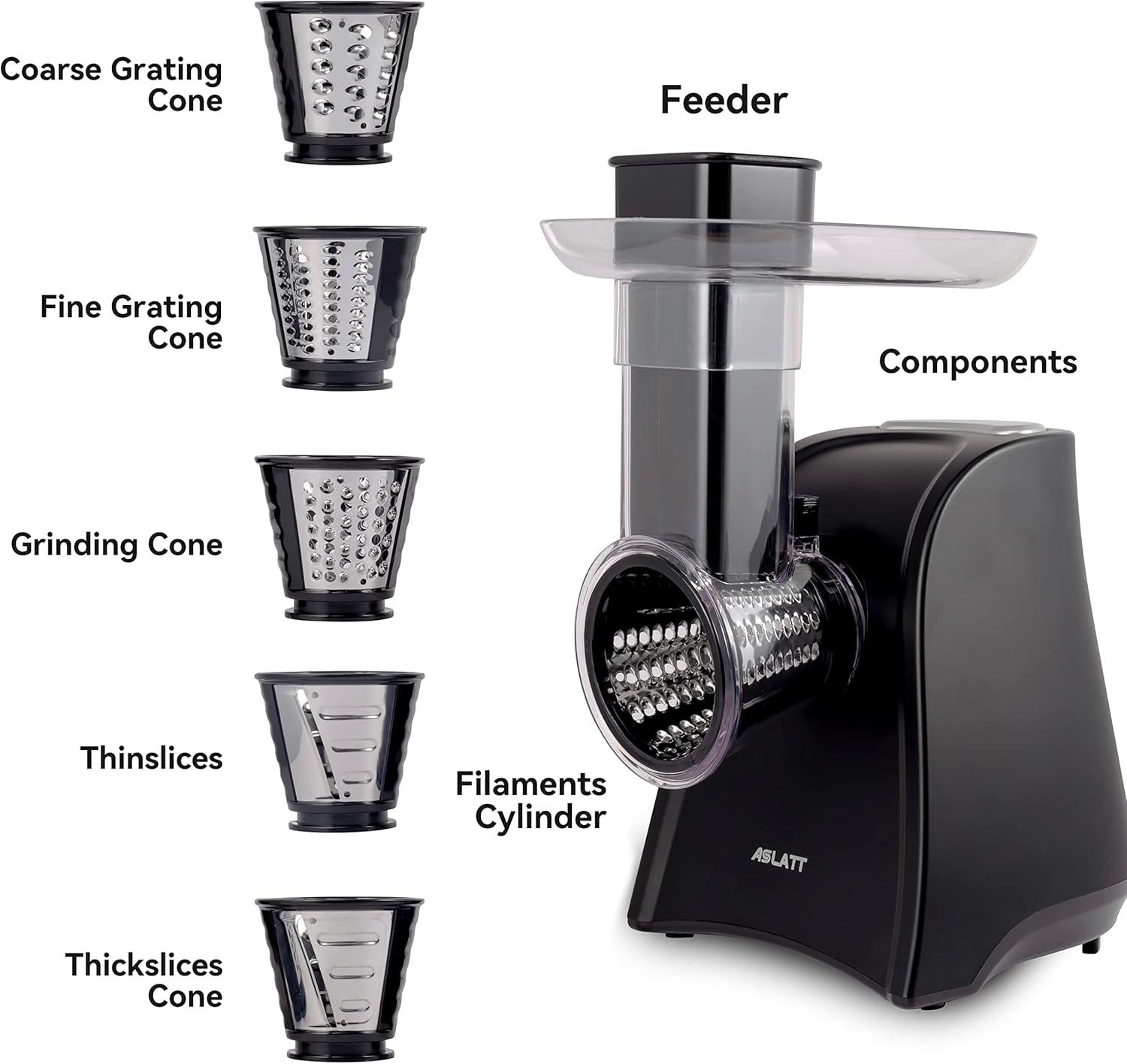 Electric Slicer, Electric Cheese Grater for Home Kitchen Use, One-Touch Control Cheese Shredder, Salad Maker Machine for Fruits, Vegetables, Cheese Grater with 5 Attachments