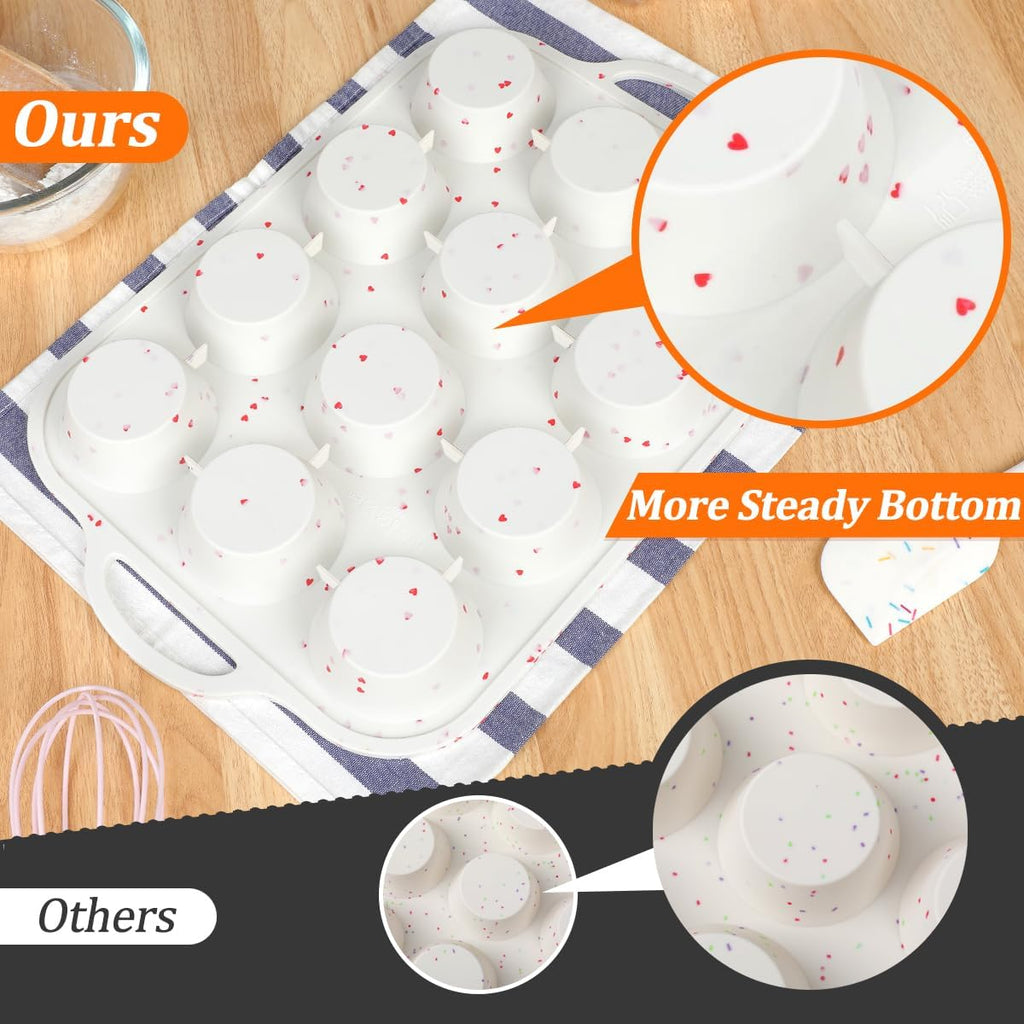 CAKETIME Silicone Muffin Pan, Metal Reinforced Frame Silicone Cupcake Pan Easy to Handle 12 Cups for Valentine's Day Baking Nonstick Regular Size Muffin Tin 1 Pack Love Heart