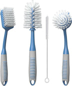Dish Brush Set of 4 - Kitchen Scrub Brushes with Non-Slip Long Handle for Cleaning, Scrubber, Dishwashing, Dishes, Bottles, Straws, Cups, Pots & Sink, Blue