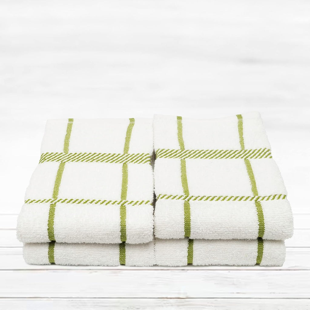 100% Cotton Terry Dish Towels, 4 Pack Checks, 16 x26 Inches, Super Soft and Absorbent Kitchen Towels, Perfect for Kitchen Cleaning and Dish Washing | Green