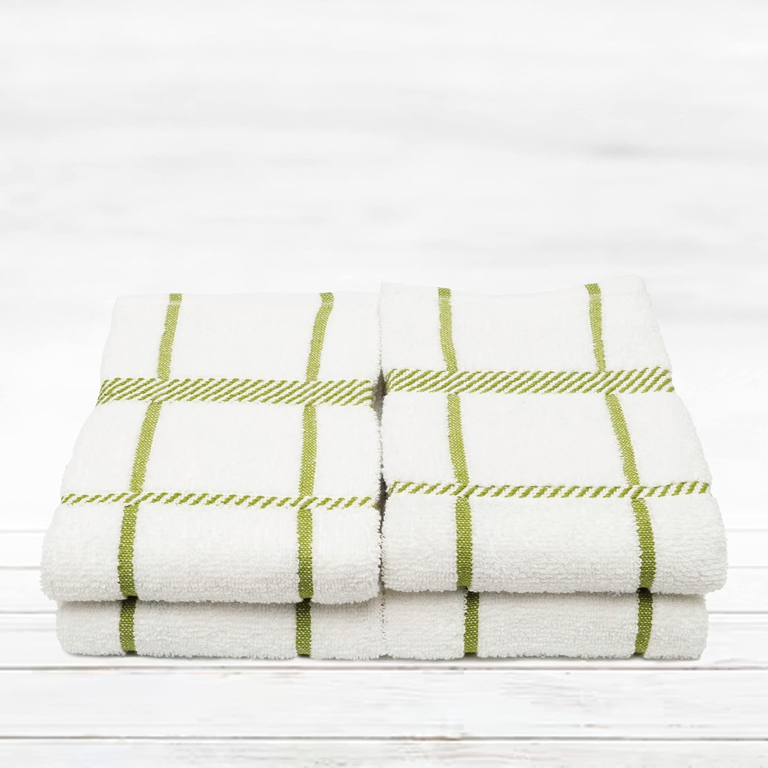 100% Cotton Terry Dish Towels, 4 Pack Checks, 16 x26 Inches, Super Soft and Absorbent Kitchen Towels, Perfect for Kitchen Cleaning and Dish Washing | Green