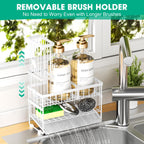 Sponge Holder for Kitchen Sink, 2 Tier Sink Caddy Organizer with High Brush Holder, Self-Draining Sponge Holder for Sinks, Soap Dispenser Organizer, Rustproof 304 Stainless Steel, White