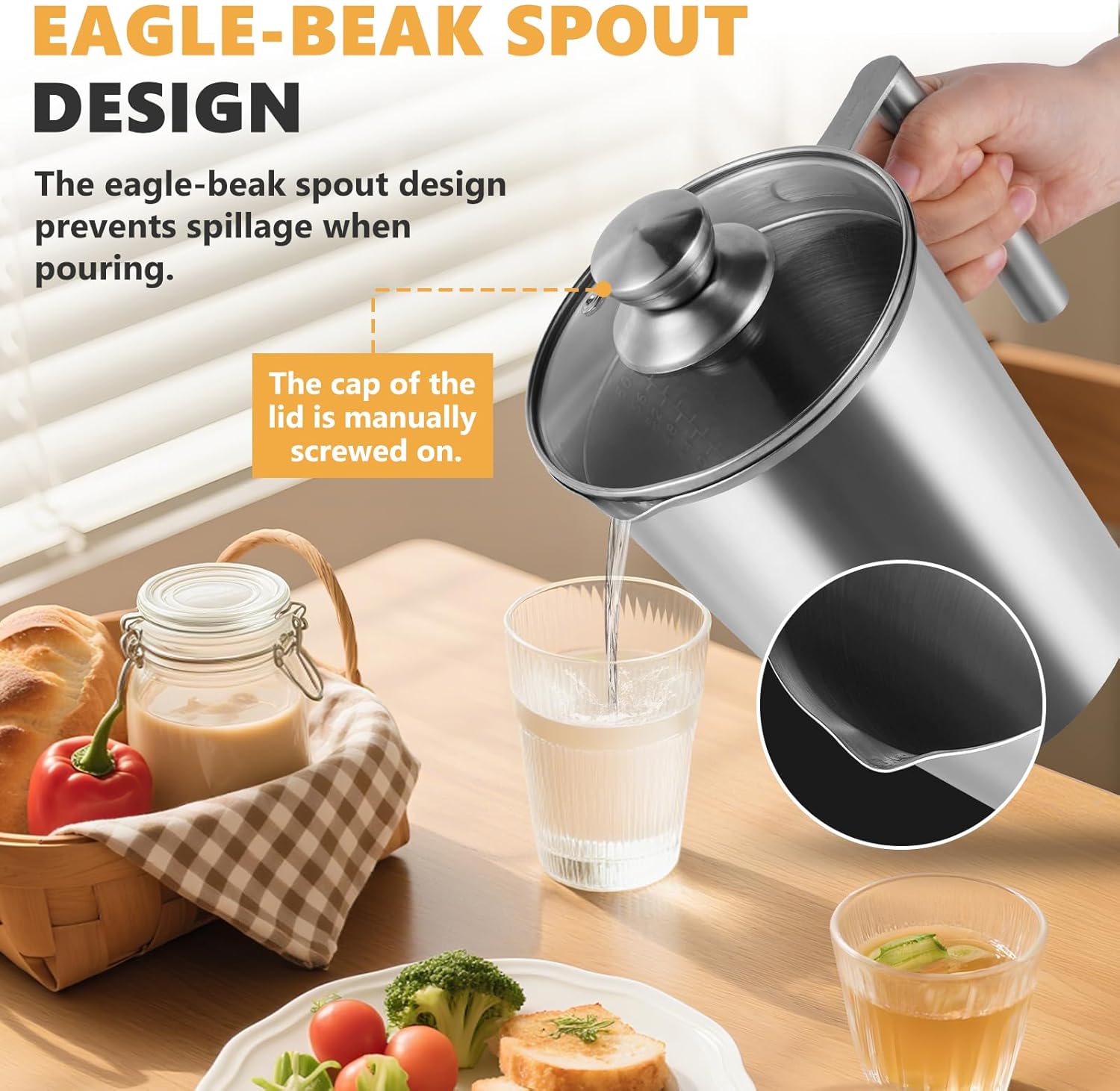 2000ml Stainless Steel Measuring Cup 64 oz with Handle and Glass Lid, Metal Measuring Pitchers with ML/Ounce Scale, Large Mouth Graduated Beakers