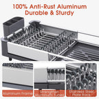 TOOLF Dish Drying Rack for Kitchen Counter, Extendable Dish Rack with Drainboard, Expandable Dish Drainer, Collapsible Dish Strainer with Cutlery Holder, Foldable Home Plate Rack, Alu Gray