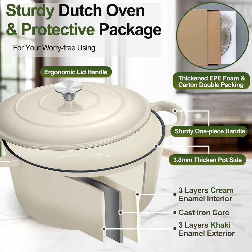 P&P CHEF 5QT Enameled Dutch Oven, Cast Iron Dutch Oven Pot with Lid for Bread Baking, Enameled Casserole Pot for Roasting Braising Stewing Frying Simmering, Various Stoves & Easy Clean, Khaki