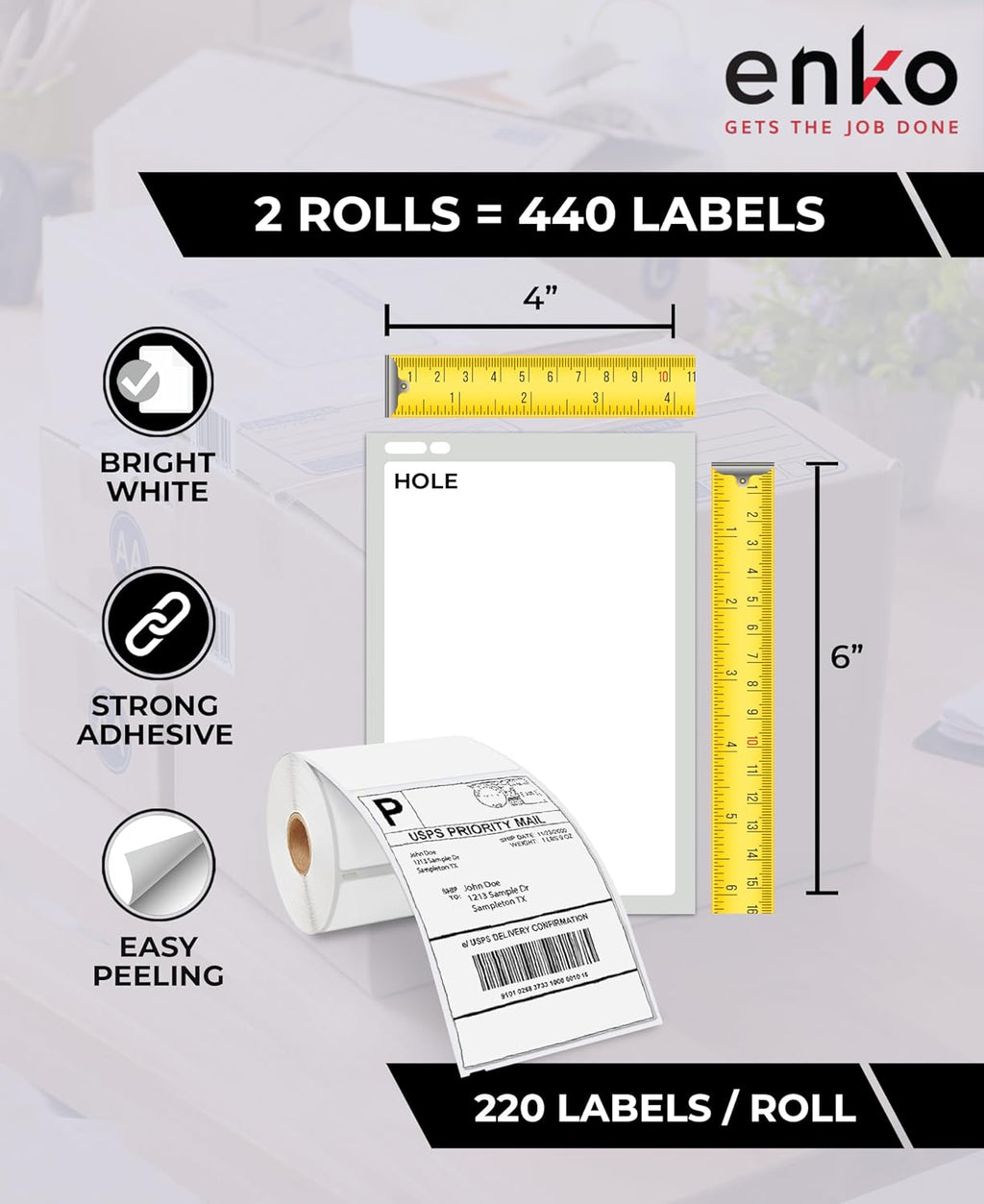 enKo Compatible Zebra 4x6 Label/Dymo Labels 1744907 (4 x 6) for Dymo Labelwriter 4XL Shipping Zebra Direct Thermal Printer (2 Rolls, 440 Labels)