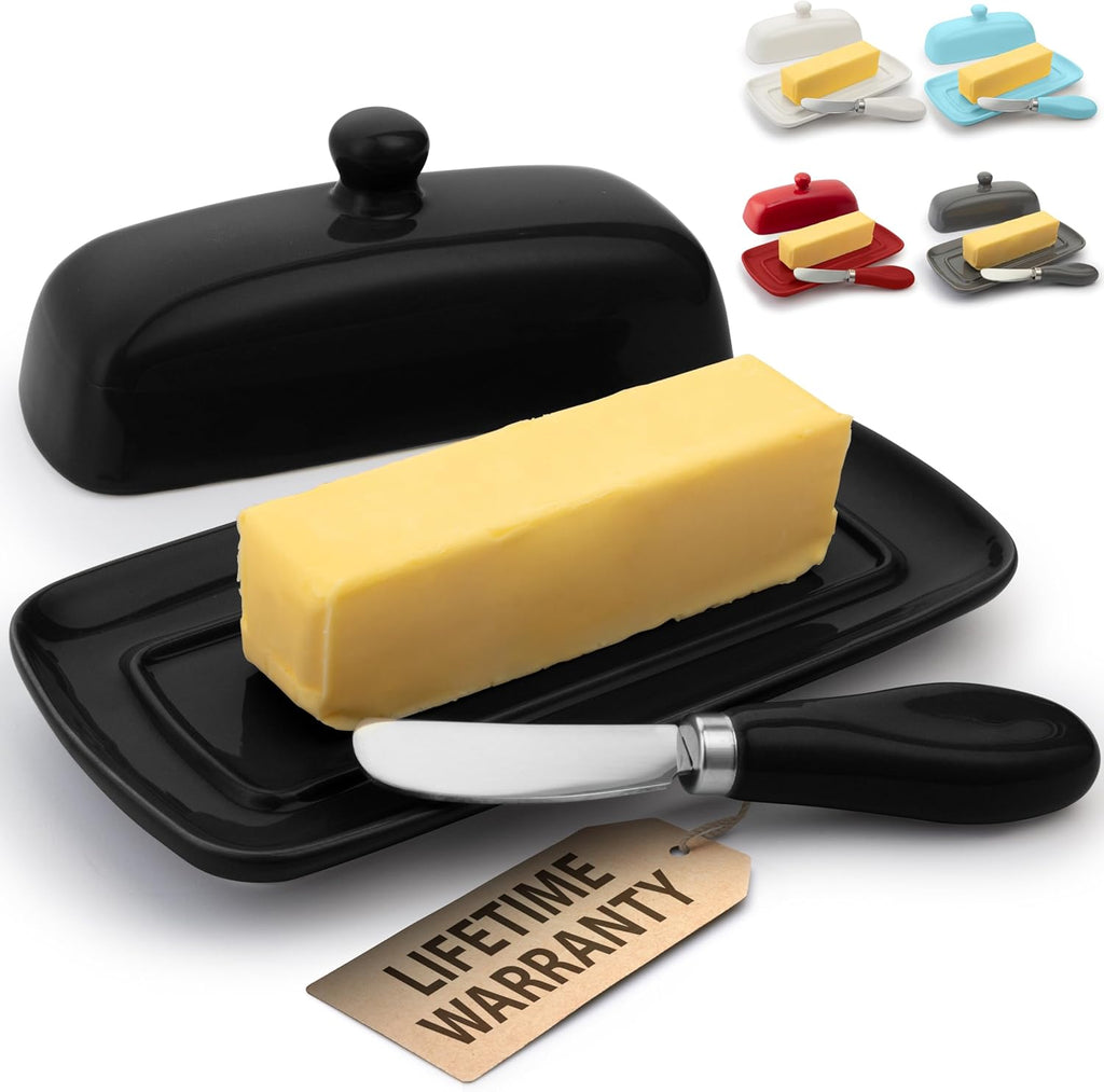 Zulay Butter Dish With Lid For Countertop - Porcelain White, Ceramic Butter Dish with Knob Handle Great for Cooking - Elegant Design Butter Holder - Durable & Sturdy Butter Keeper - Black