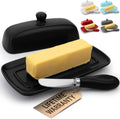 Zulay Butter Dish With Lid For Countertop - Porcelain White, Ceramic Butter Dish with Knob Handle Great for Cooking - Elegant Design Butter Holder - Durable & Sturdy Butter Keeper - Black