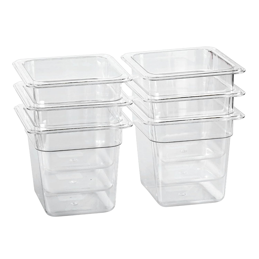 1/6 Size Food Containers 6 Pack 6 Inch Deep Pan Clear BPA free Polycarbonate Stackable Commercial Hotel Pan for Kitchen Business and Food Serving