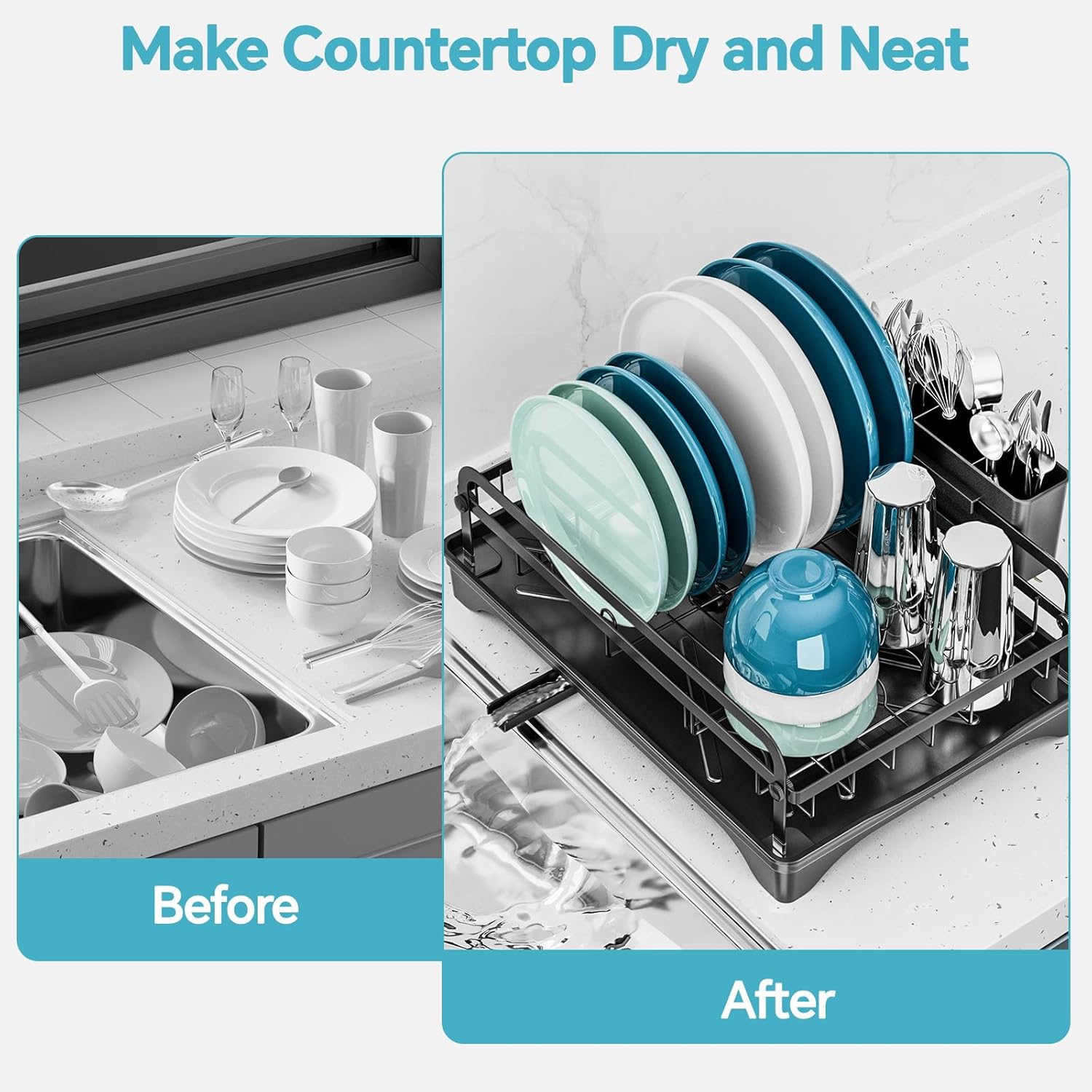 Dish Drying Rack Kitchen - Dish Racks for Kitchen Counter Space-Saving, Dish Drainer with Automatic Drain and Adjustable Spout, Dishwasher Rack with Cutlery Holder, 16.5" D x 11.6" W x 6.6" H
