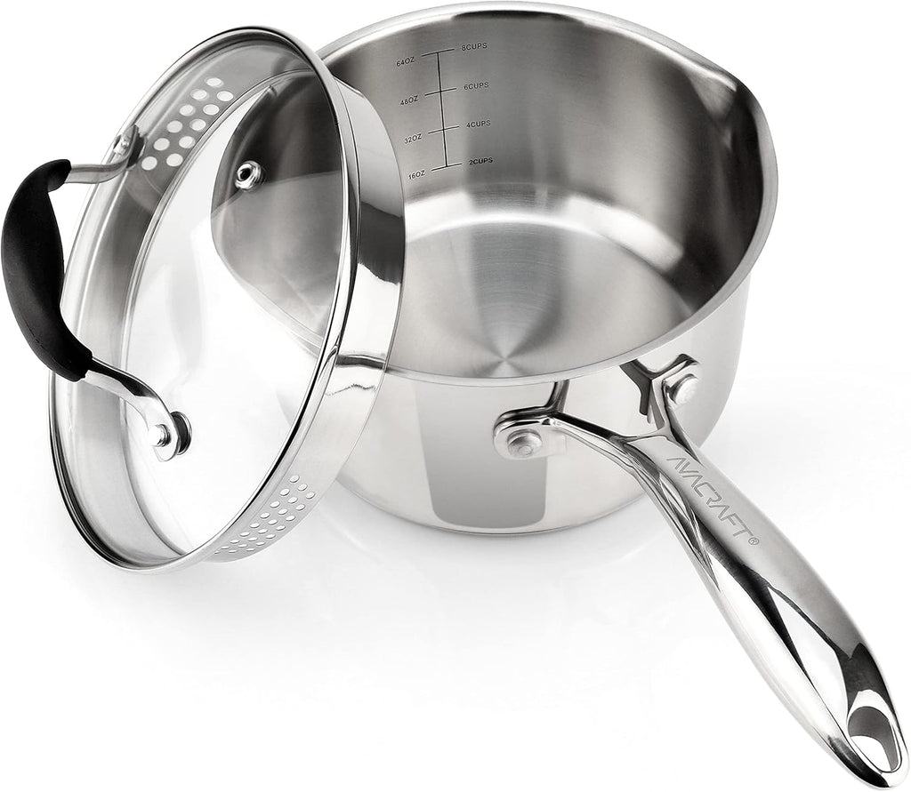 AVACRAFT Stainless Steel Saucepan with Glass Strainer Lid, Two Side Spouts for Easy Pour with Ergonomic Handle, Multipurpose Sauce Pot (5-Ply Capsule Bottom, 2.5 Quart)