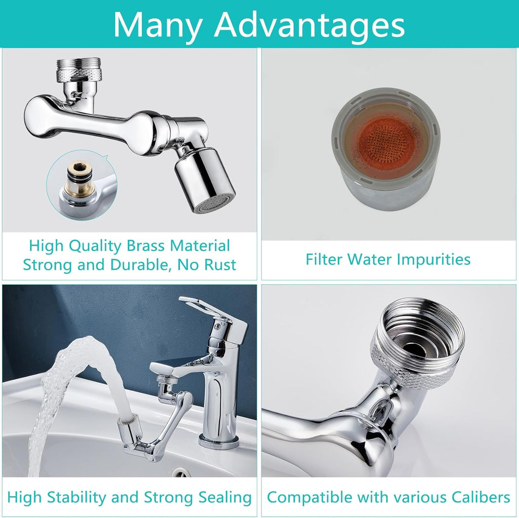 1080°Swivel Faucet Extender, Sink Water Faucet Aerator Extension in Brass, Swivel Robotic Arm Bathroom Faucet Extender, Kitchen Rotating Extension Filter with 2 Mode Splash
