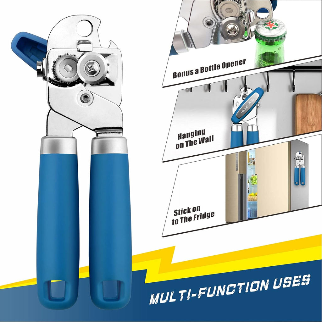 PrinChef Can Opener Manual, Can Tin Bottle Opener with Magnet - No-Trouble-Lid-Lift, Handheld Can Opener Smooth Edge with Sharp Blade, Heavy Duty and Easy to Use, for Seniors with Arthritis, Blue