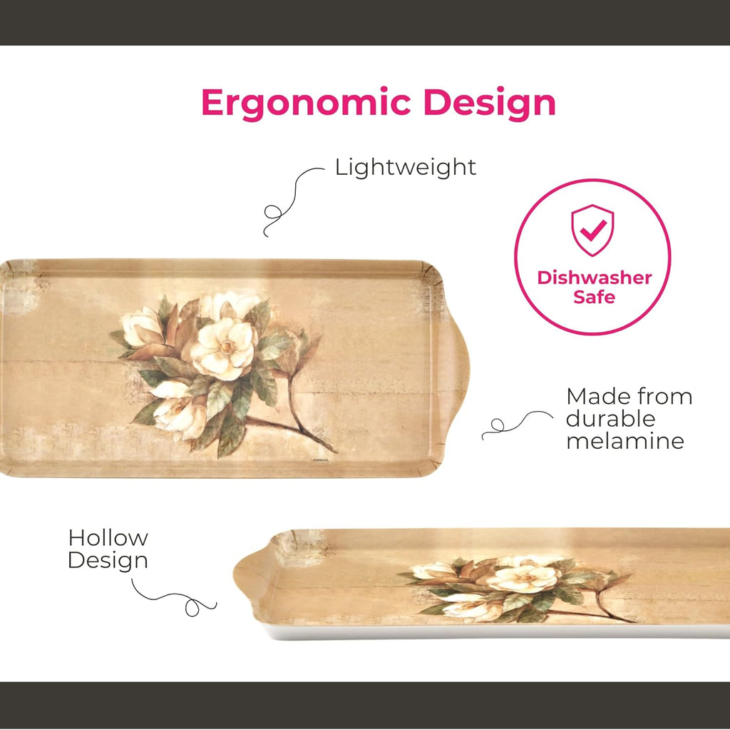 Pimpernel Sugar Magnolia Sandwich Tray - Rectangular Melamine Snack Tray with Blooming Floral Design, Pink & Green Tones - Dishwasher Safe Serving Platter for Breakfast Pastries or Decorative Display