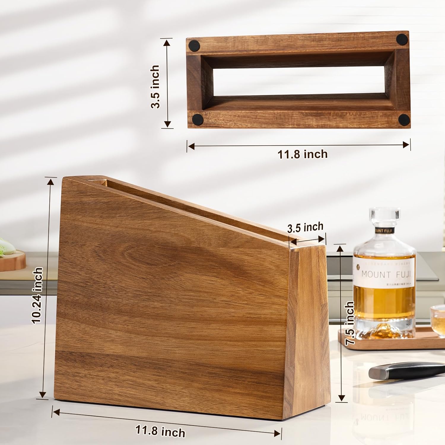 XXXL Magnetic Knife Block 11.8x10 inches, 4-Side Universal Knife Holder Builted in Powerful Magnet, Natural Acacia Wood Knife Storage Organizer for Kitchen Display