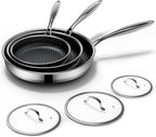 Non Stick Frying Pans Set with 3 Lid, Non-Toxic Hybrid Pans Set Nonstick (8+10+12inch),Pan for cooking, nonStick Cookware, Dishwasher and Oven-Safe Cookware Sets, Stainless Steel Skillets