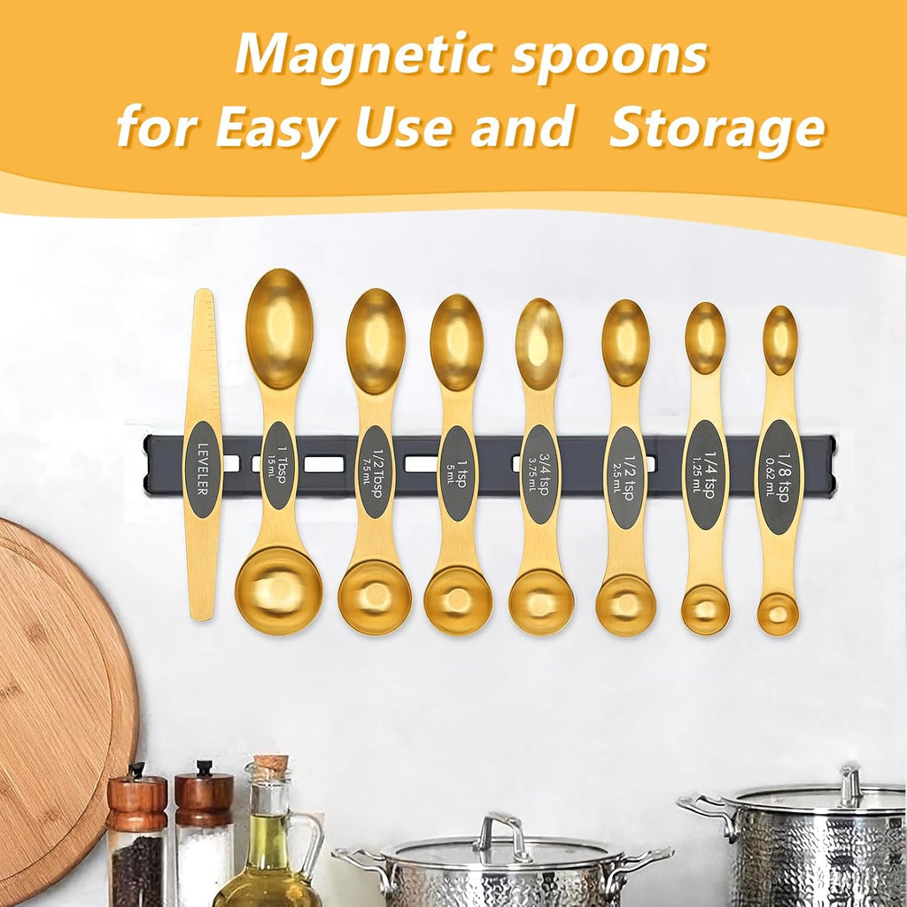 Magnetic Measuring Spoons and Cups Set of 15, Including 7 Magnetic Gold Measuring Spoons with 1 Leveler, 7 Stainless Steel Heavy Duty Gold Measuring Cups, Ideal for Cooking & Baking