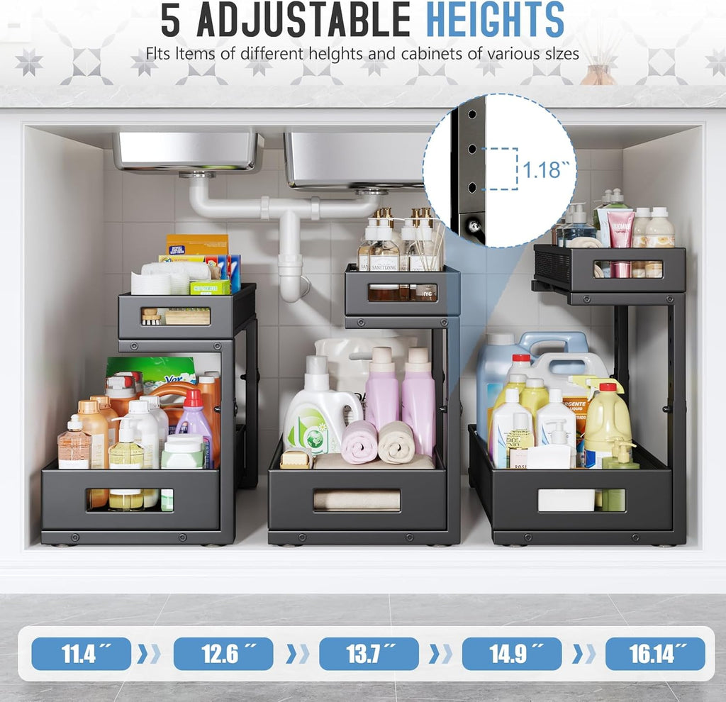 1 Pack 17IN Depth Under Sink Storage Organizer, Large 2-Tier Elegant Mesh Pull Out Shelf for Kitchen and Bathroom Cabinet Organization, L-Shaped and Adjustable Height Design-Black