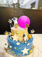 Cake Topper for Kids Astronaut Space Birthday Cake Decoration, 3D Soft Light Moon Outer Space Cake Topper for Party Supply, LED Moon Planet Birthday Cake Decoration (Pink)